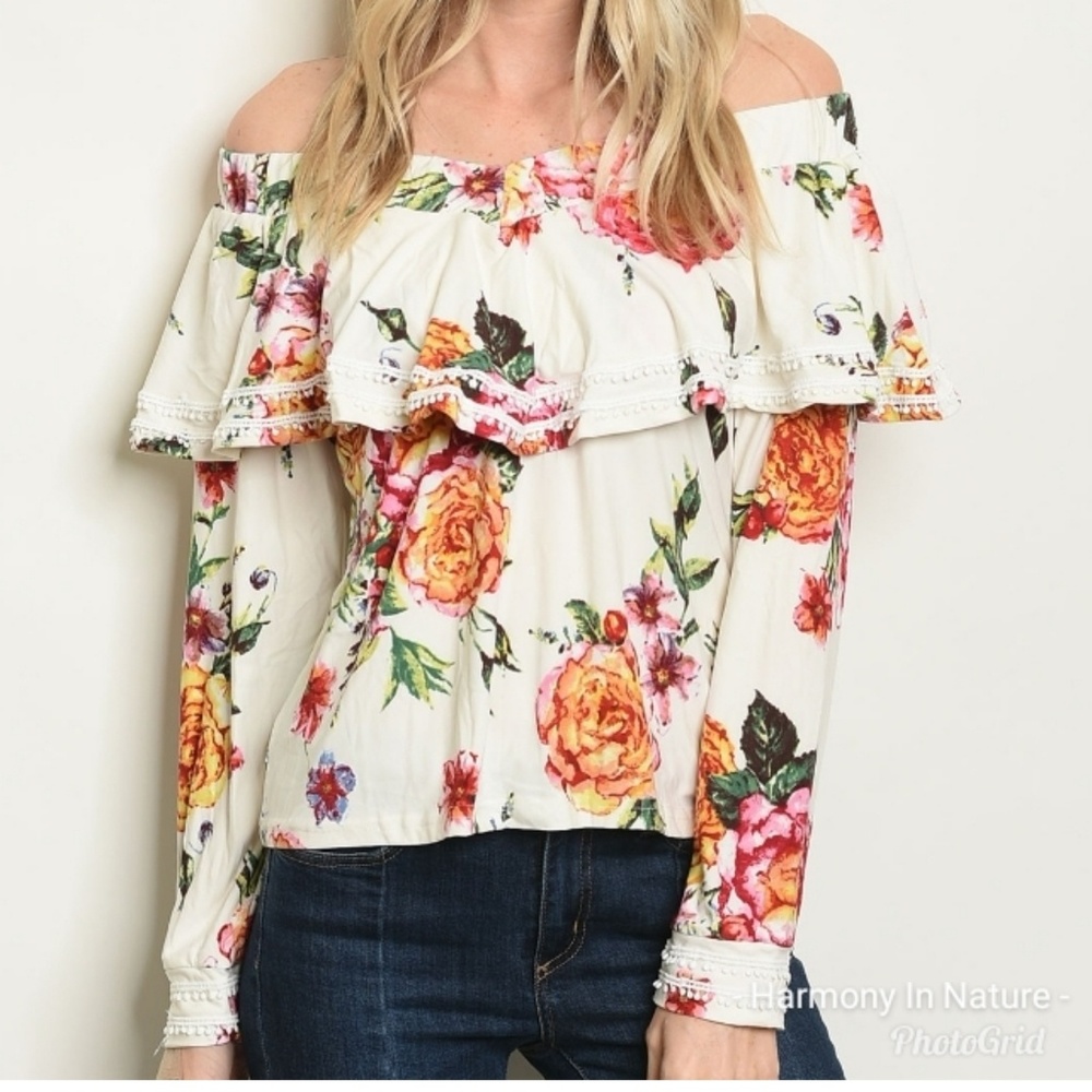 Very Soft Off Shoulder Ivory Floral Blouse - Picture 2 of 8